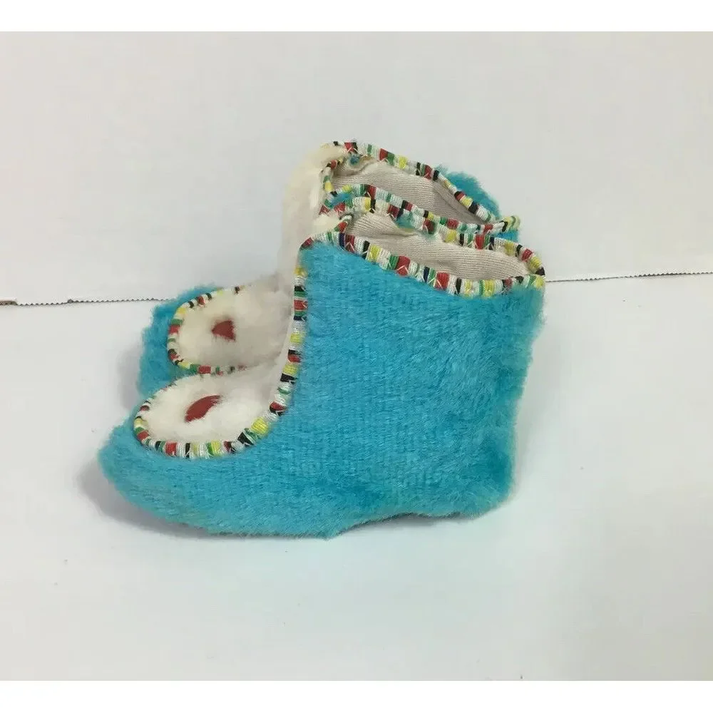 1960s Vintage Baby Booties Moccasin Size‎ 3 Fur animal Turquoise white Made USA